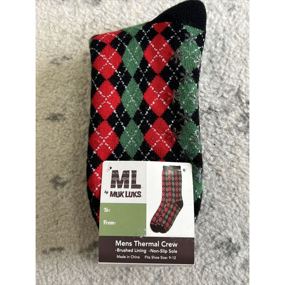 Men Muk Luks Thermal Crew Socks‎ Sz 9-12 M-L Red/Green Argyle Christmas Non Slip - Picture 6 of 6
